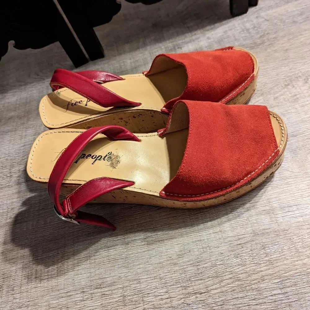 Free people red suede and cork wedge espadrilles made in Spain sz 40 euc